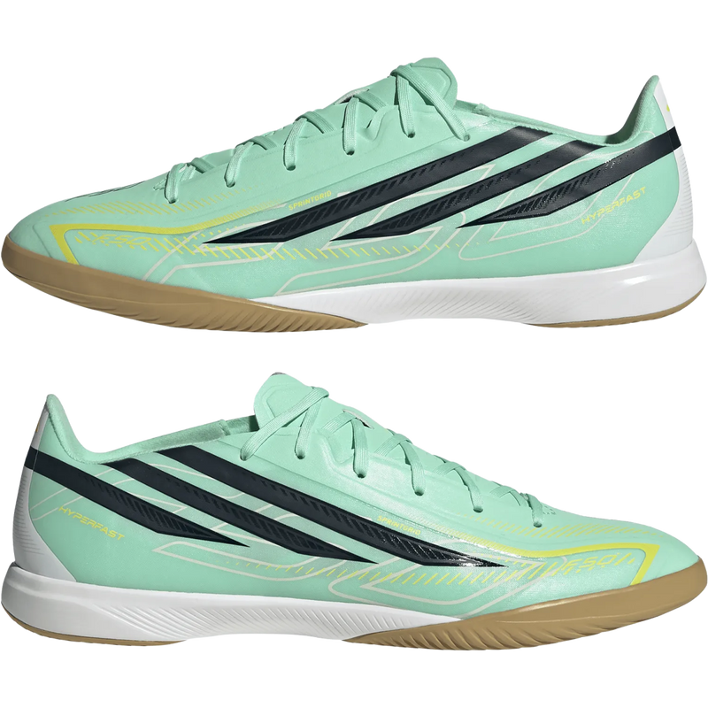 F50 Hyperfast League Indoor, Adidas F50 Hyperfast League Indoor in Pulse Mint Night Navy Solar Lemon side by side lateral view