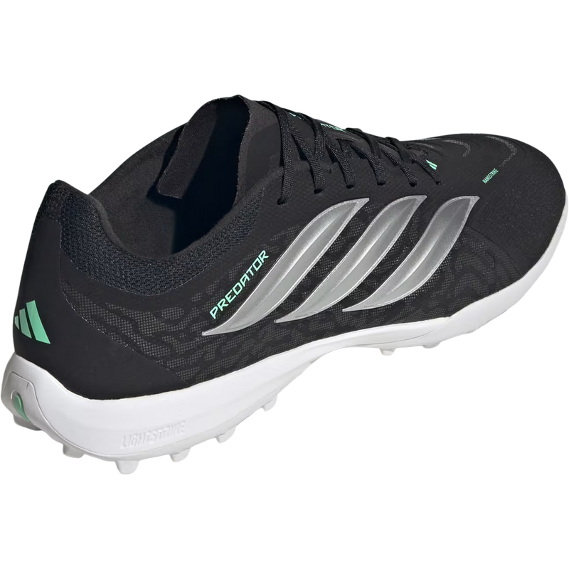 Predator League TF, Adidas Predator League TF in Core Black Silver Metallic Pulse Mint angled with heel detail