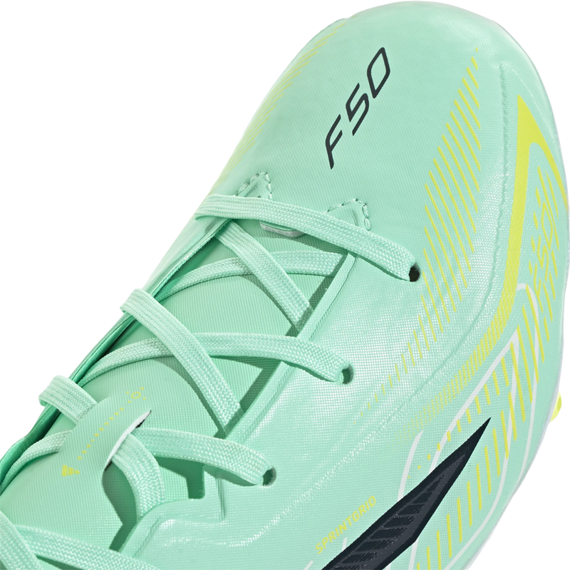 Youth F50 Hyperfast League FG, Adidas Youth F50 Hyperfast League FG in Pulse Mint Night Navy Solar Lemon toe detail