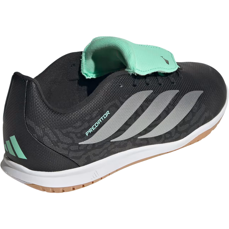 Youth Predator Club FT Indoor Sala, Adidas Youth Predator Club FT Indoor Sala in Core Black Siler Metallic Pulse Mint angled heel detail