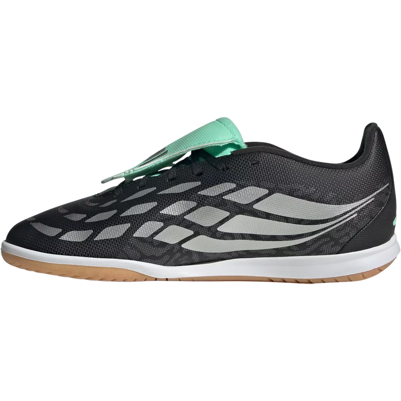 Youth Predator Club FT Indoor Sala, Adidas Youth Predator Club FT Indoor Sala in Core Black Siler Metallic Pulse Mint left facing