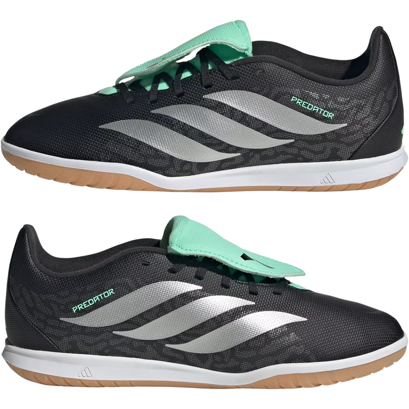 Youth Predator Club FT Indoor Sala, Adidas Youth Predator Club FT Indoor Sala in Core Black Siler Metallic Pulse Mint lateral views