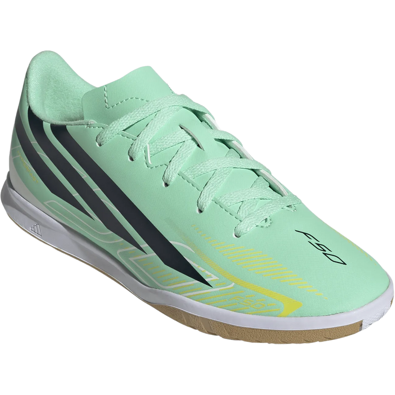 Youth F50 Hyperfast Club Indoor, Adidas Youth F50 Hyperfast Club Indoor in Pulse Mint Night Navy Solar Lemon angled toe detail