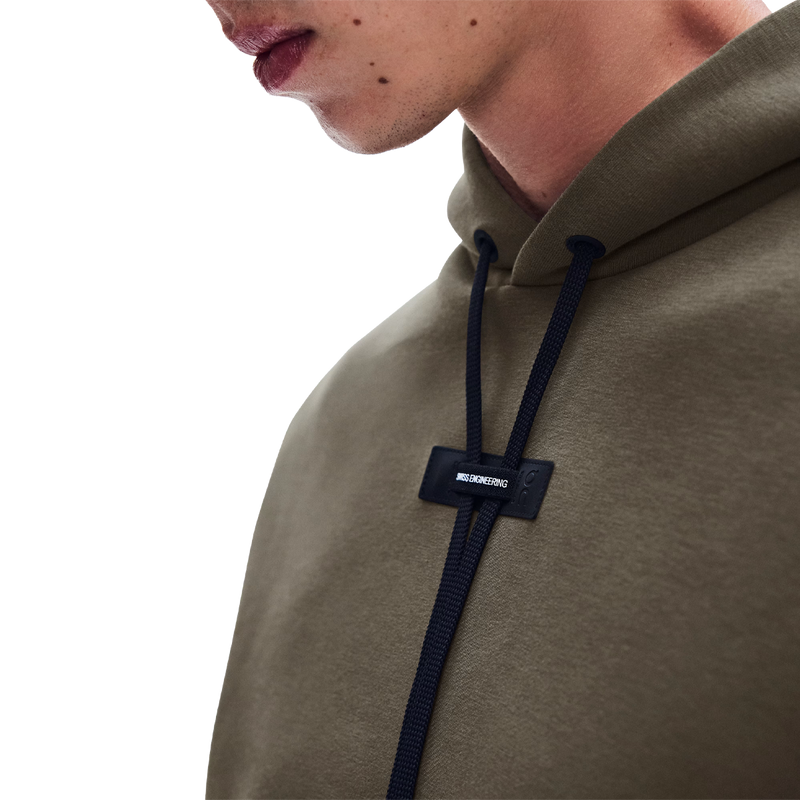 Men's Focus Tech Hoodie, On Men's Focus Tech Hoodie in Bark with drawstring detail