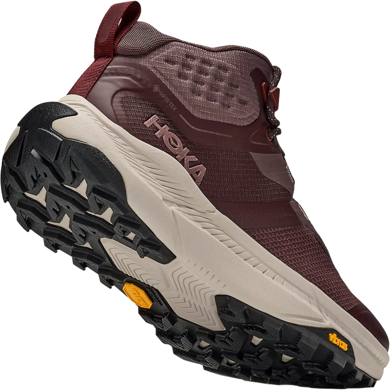 Hoka Women's Transport Hike GTX in Deep Mauve Smoky Quartz angled with traction detail