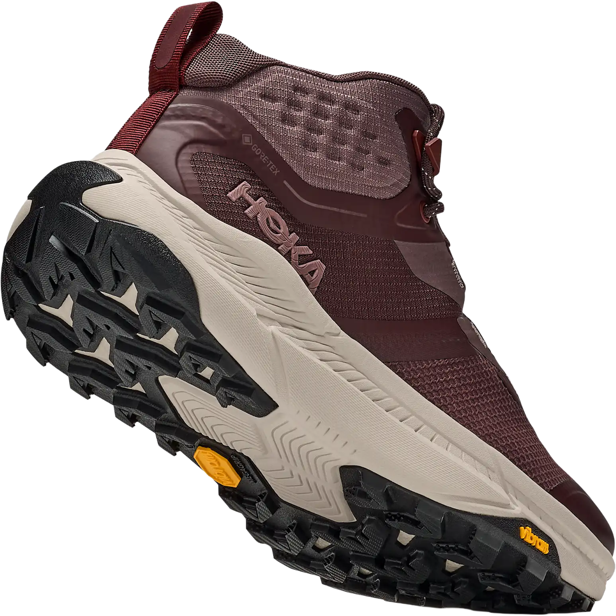 Hoka Women's Transport Hike GTX in Deep Mauve Smoky Quartz angled with traction detail
