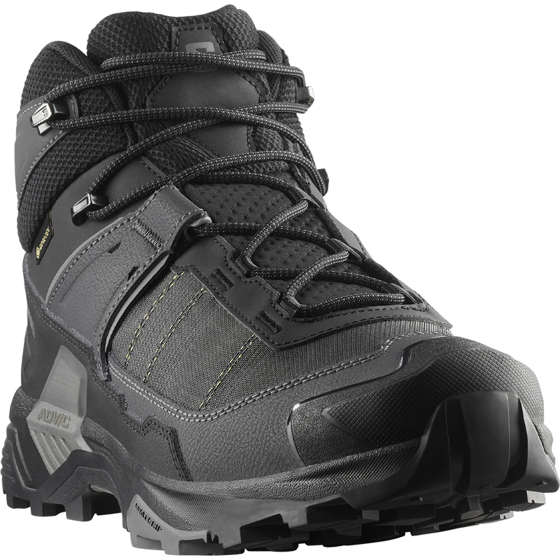 Men's X Ultra 5 Mid GTX Wide, Men's X Ultra 5 Mid GTX Wide in Black Asphalt/ Castlerock angled view with sole traction detail