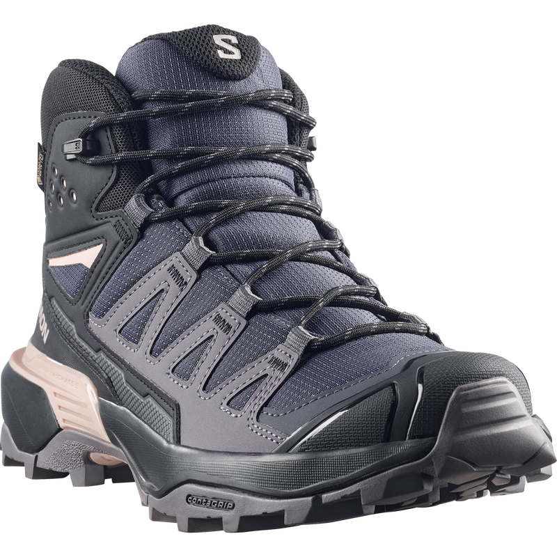 Women's X Ultra 360 Mid GTX, Women's X Ultra 360 Mid GTX in Nine Iron Excalibur Shadow Gray angle view with toe and sold traction detail