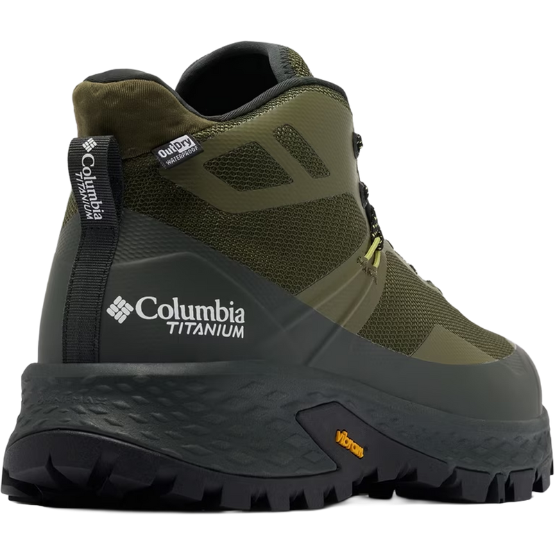 Men's Tellurix Titanium Outdry Mid, Columbia Tellurix Titanium Outdry Mid in Nori Firefly angled right facing with heel detail