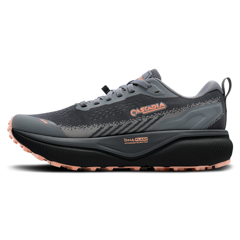 Women's Cascadia 20, Brooks Women's Cascadia 20 in 038 Grey Grey Peach inside profile of right shoe