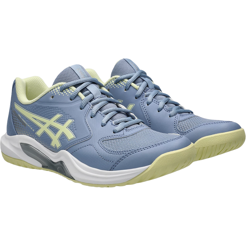 Women's GEL-DEDICATE 9 PICKLEBALL, Asics Women's GEL-DEDICATE 9 PICKLEBALL in Calm Indigo Soft Yellow side by side lateral right facing