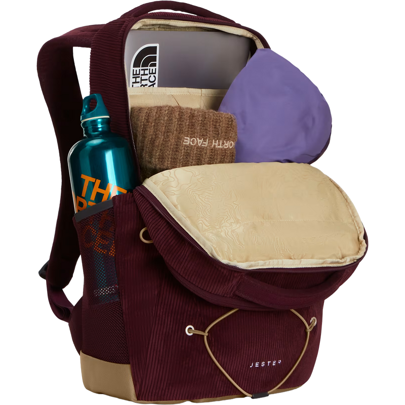 Jester Pro, The North Face Jester Pro in ZS1-Deep Burgundy/Leather Brown unzipped and loaded