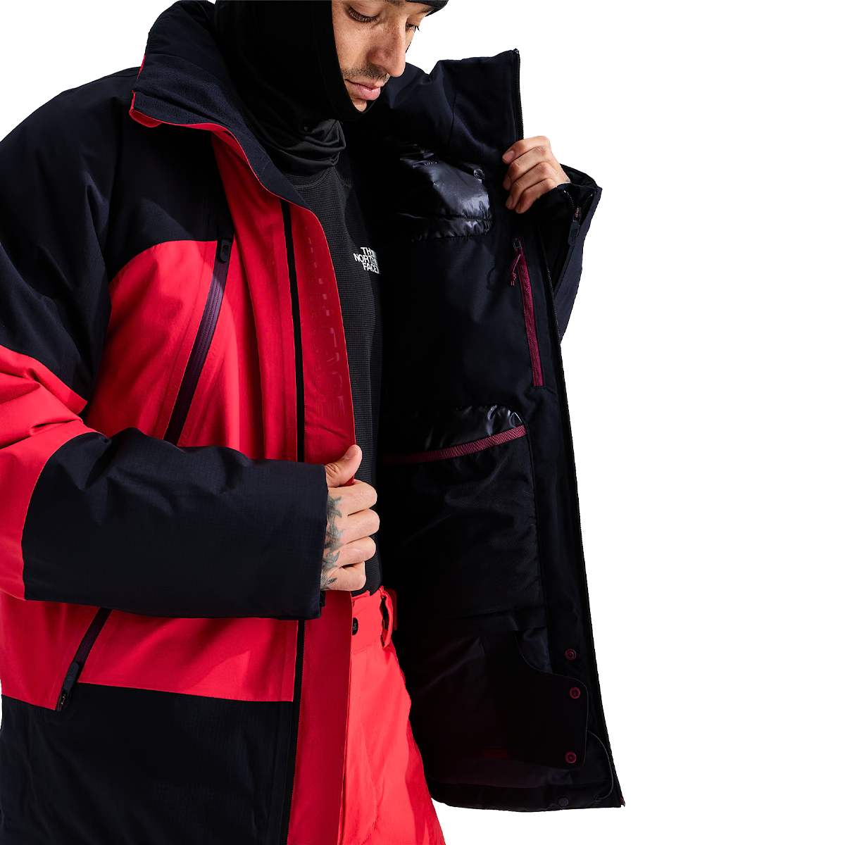 The North Face Men's Snowsquall Jacket in Elevation Red TNF Black inside lining detail