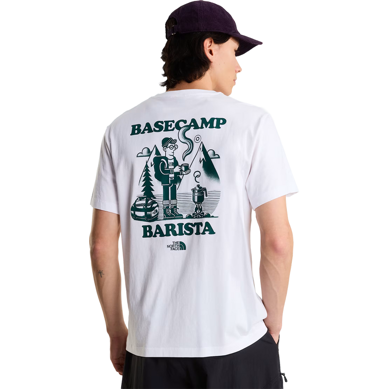 Basecamp Barista Relaxed Short Sleeve Tee, TNF Basecamp Barista Relaxed Short Sleeve Tee in White Pacific Teal back view on model