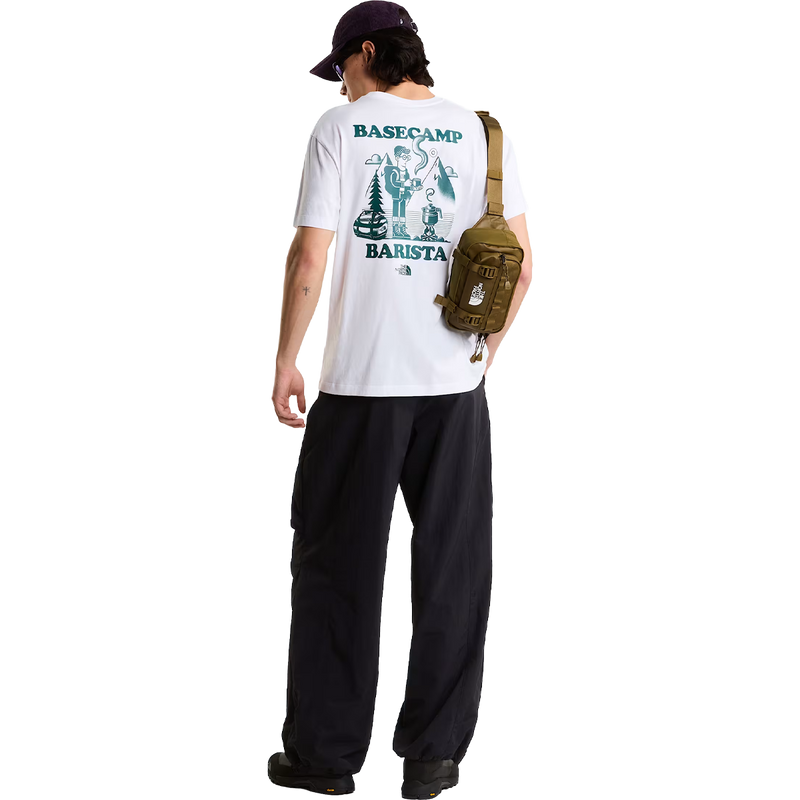 Basecamp Barista Relaxed Short Sleeve Tee, TNF Basecamp Barista Relaxed Short Sleeve Tee in White Pacific Teal full view on model