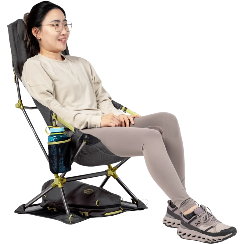 Satellite Reclining, Nemo Satellite Reclining with model in chair with water bottle