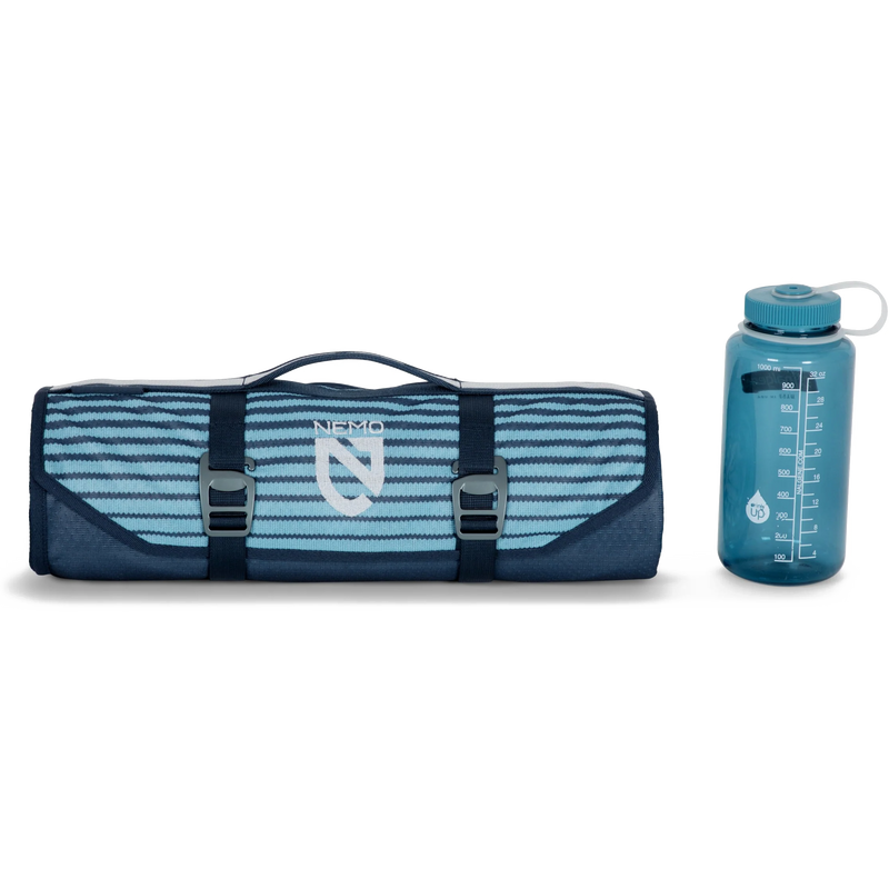 Victory Patio Blanket XL, Nemo Victory Patio Blanket XL in Arctic Stripe rolled with water bottle
