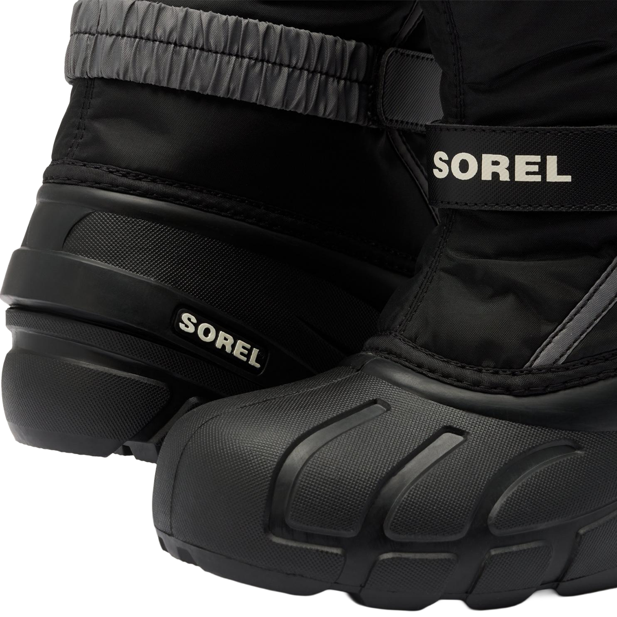 Sorel Little Kids Flurry in Black Sea Salt front and back logo detail
