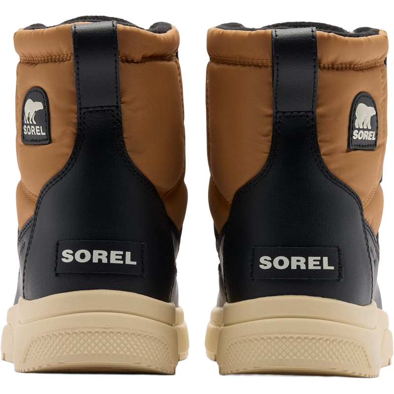 Sorel Big Kids Whitney III Mid Winter Boot in Tawny Buff Bleached Ceramic back view with logo detail