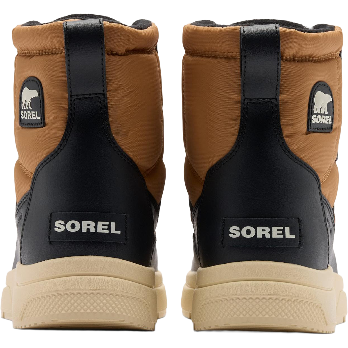 Sorel Big Kids Whitney III Mid Winter Boot in Tawny Buff Bleached Ceramic back view with logo detail