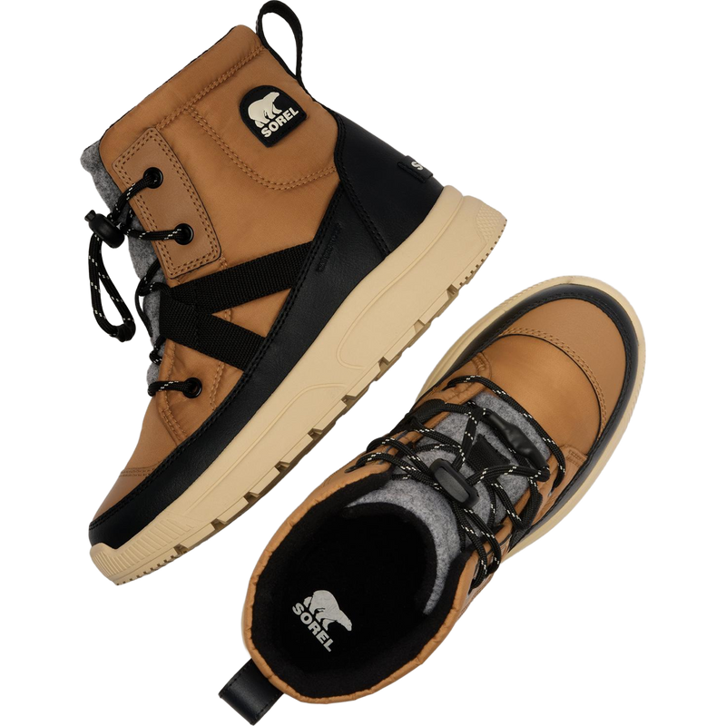 Sorel Big Kids Whitney III Mid Winter Boot in Tawny Buff Bleached Ceramic top and lateral view