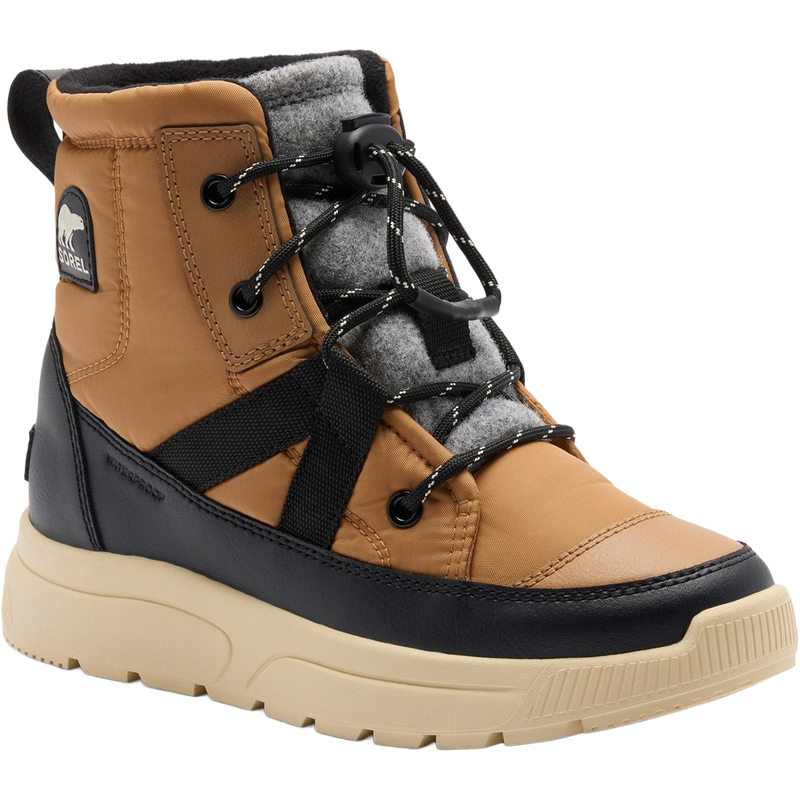 Sorel Big Kids Whitney III Mid Winter Boot in Tawny Buff Bleached Ceramic angled