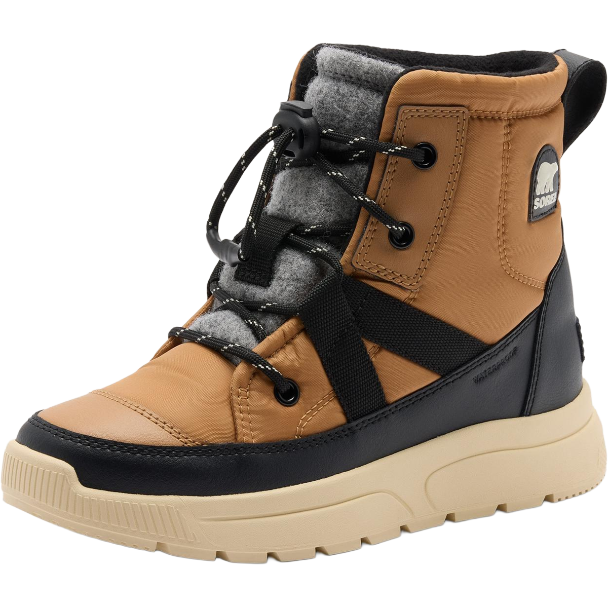 Sorel Big Kids Whitney III Mid Winter Boot in Tawny Buff Bleached Ceramic left facing angled