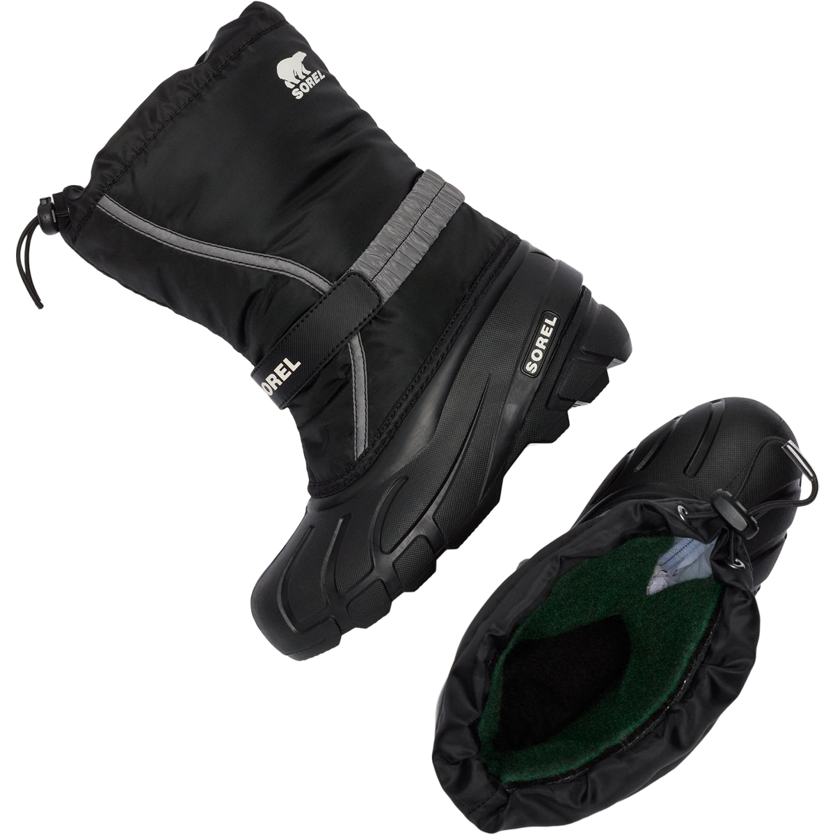 Sorel Big Kids Flurry in Black Sea Salt side and top view