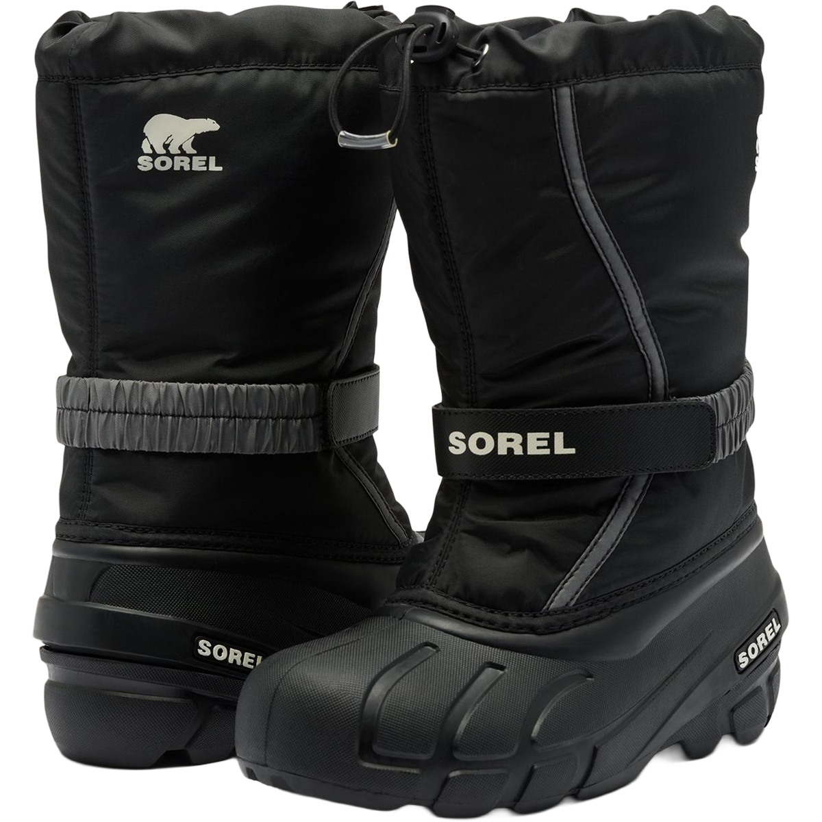 Sorel Big Kids Flurry in Black Sea Salt front and back with logo detail