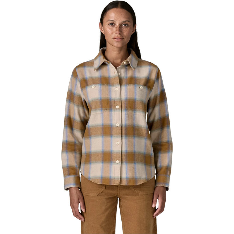 Women's Fjord Flannel Shirt, Patagonia Women's Fjord Flannel Shirt in Eclipse Nest Brown on model