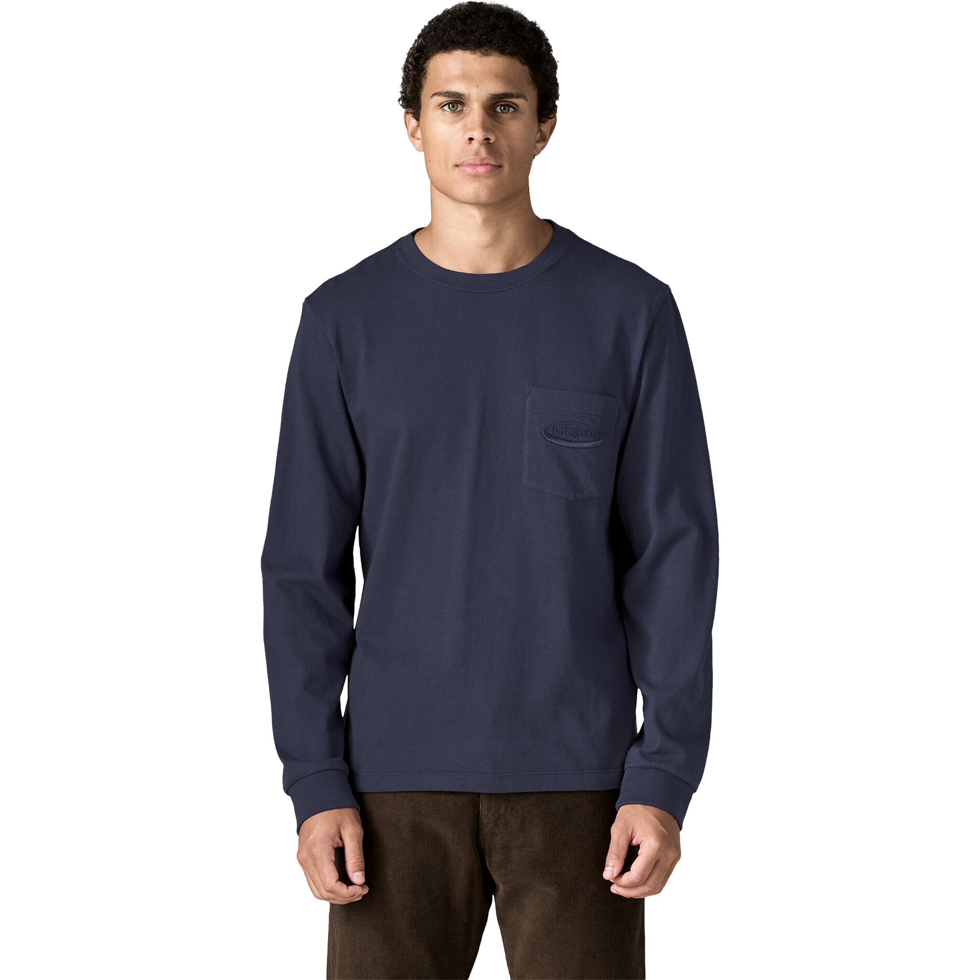 Patagonia Men's Longsleeve Midweight '95 Oval Logo Pocket Tee Front on Model