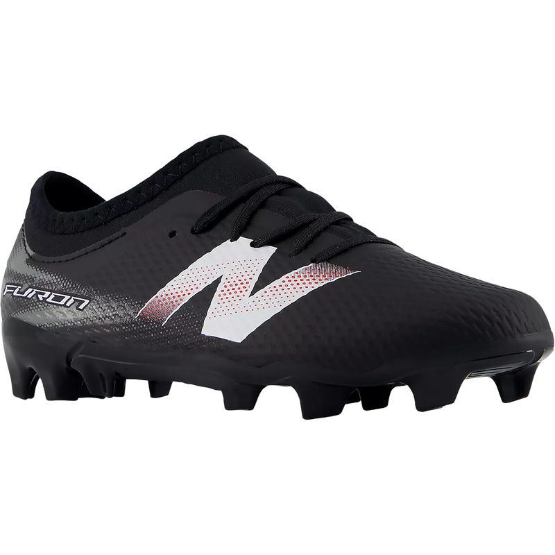 Youth Furon Team V9 FG Wide, New Balance Youth Furon Team V9 FG Wide in Black White angled lateral view 