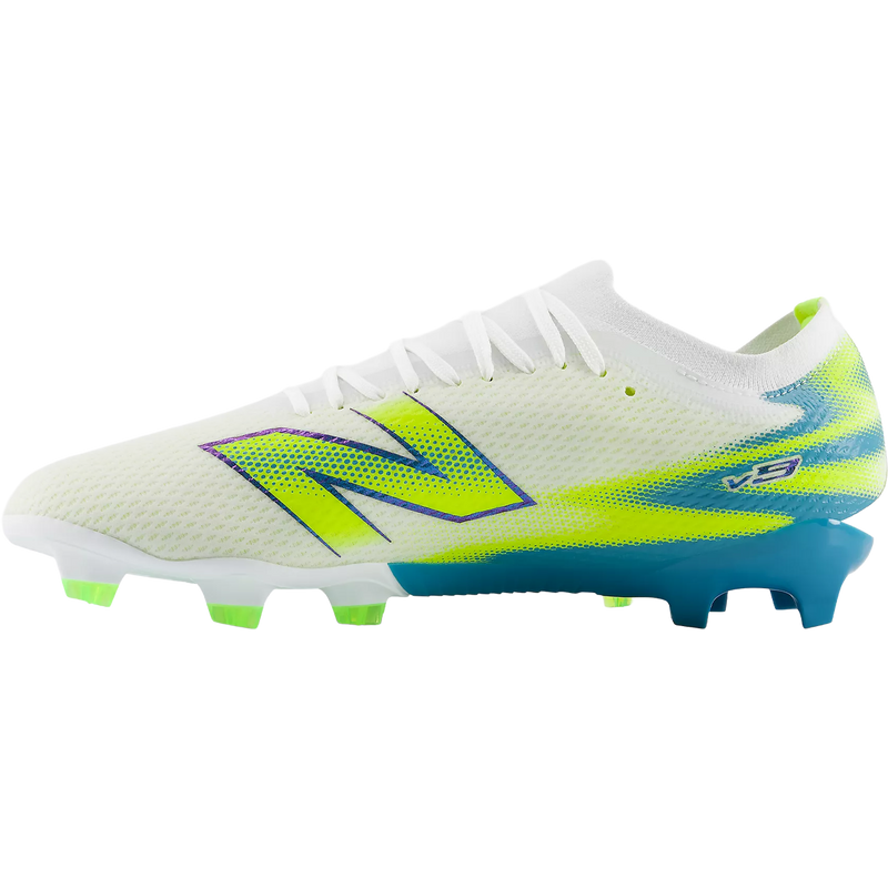 Furon Team V9 FG Wide, New Balance Furon Team V9 FG Wide in White Alkaline Green left facing