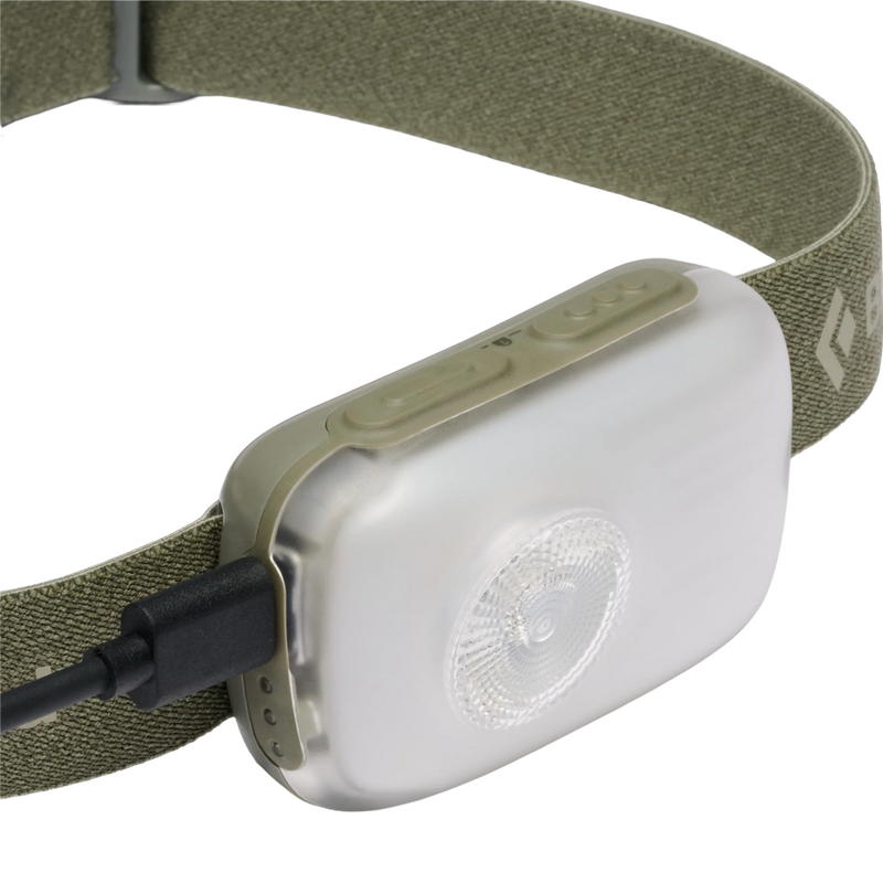 Stella-R Headlamp, Black Diamond Stella-R Headlamp in Pine Smoke withbutton and  USB-C detail