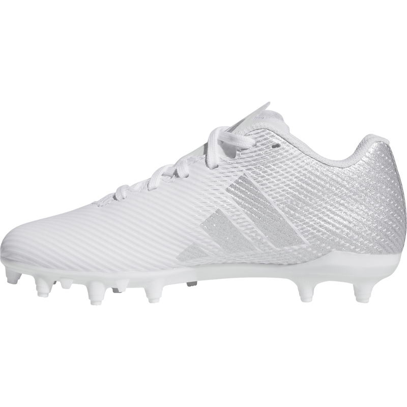 Youth Adizero Electric.2 II Football Cleats, Adidas Youth Adizero Electric.2 II Football Cleats in Cloud White/Silver Metallic/Cloud White inside profile of right shoe