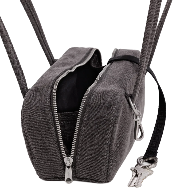 Small Denim Bowler Bag, Baggu Small Denim Bowler Bag in Washed Black Denim opened purse with key leash detail