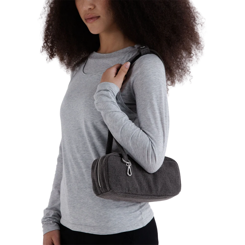 Small Denim Bowler Bag, Baggu Small Denim Bowler Bag in Washed Black Denim on model