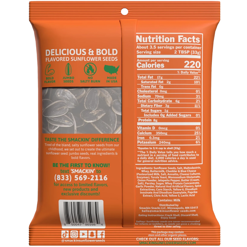 Smackin Sunflower Seeds, Smackin Sunflower Seeds back of package Cheddar Jalapeno