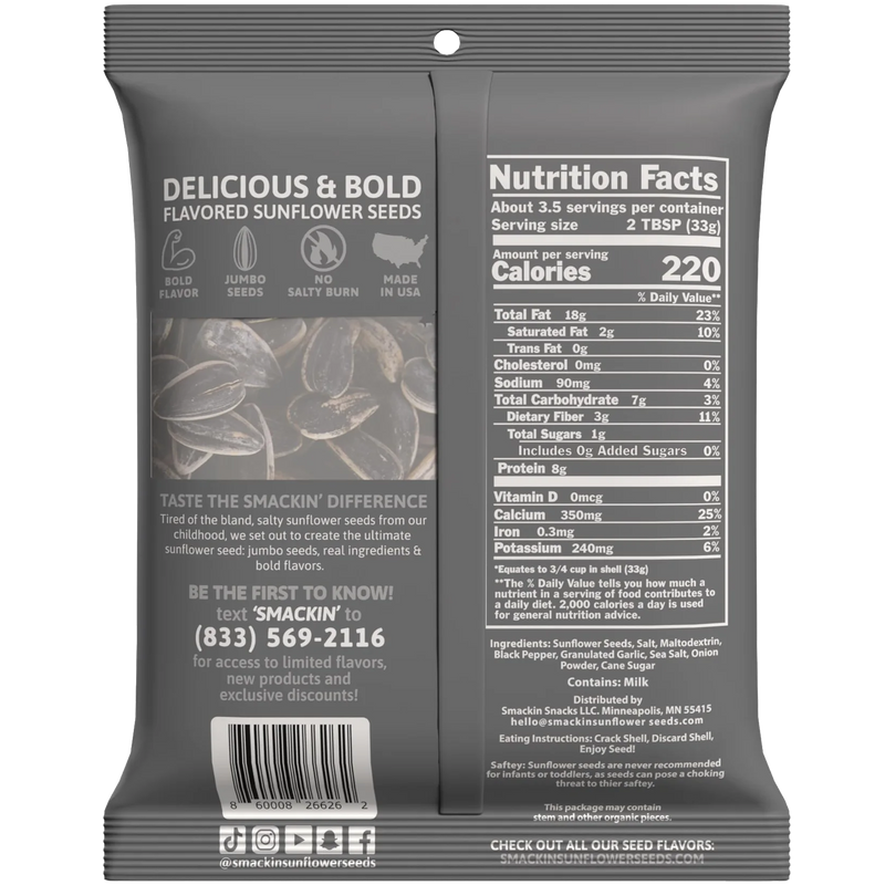 Smackin Sunflower Seeds, Smackin Sunflower Seeds back of package Cracked Pepper