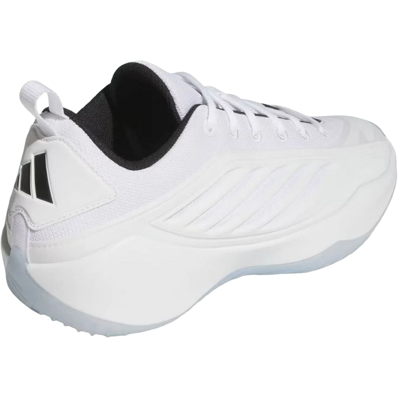 Anthony Edwards Believe That 1, Adidas Anthony Edwards Believe That 1 in Cloud White Core Black lateral angled view with heel detail