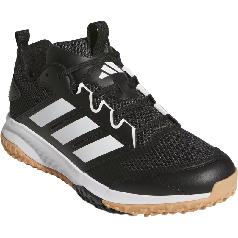 Adizero DGT Turf, Adidas Adizero DGT Turf in Core Black Cloud White lateral angled view with toe detail