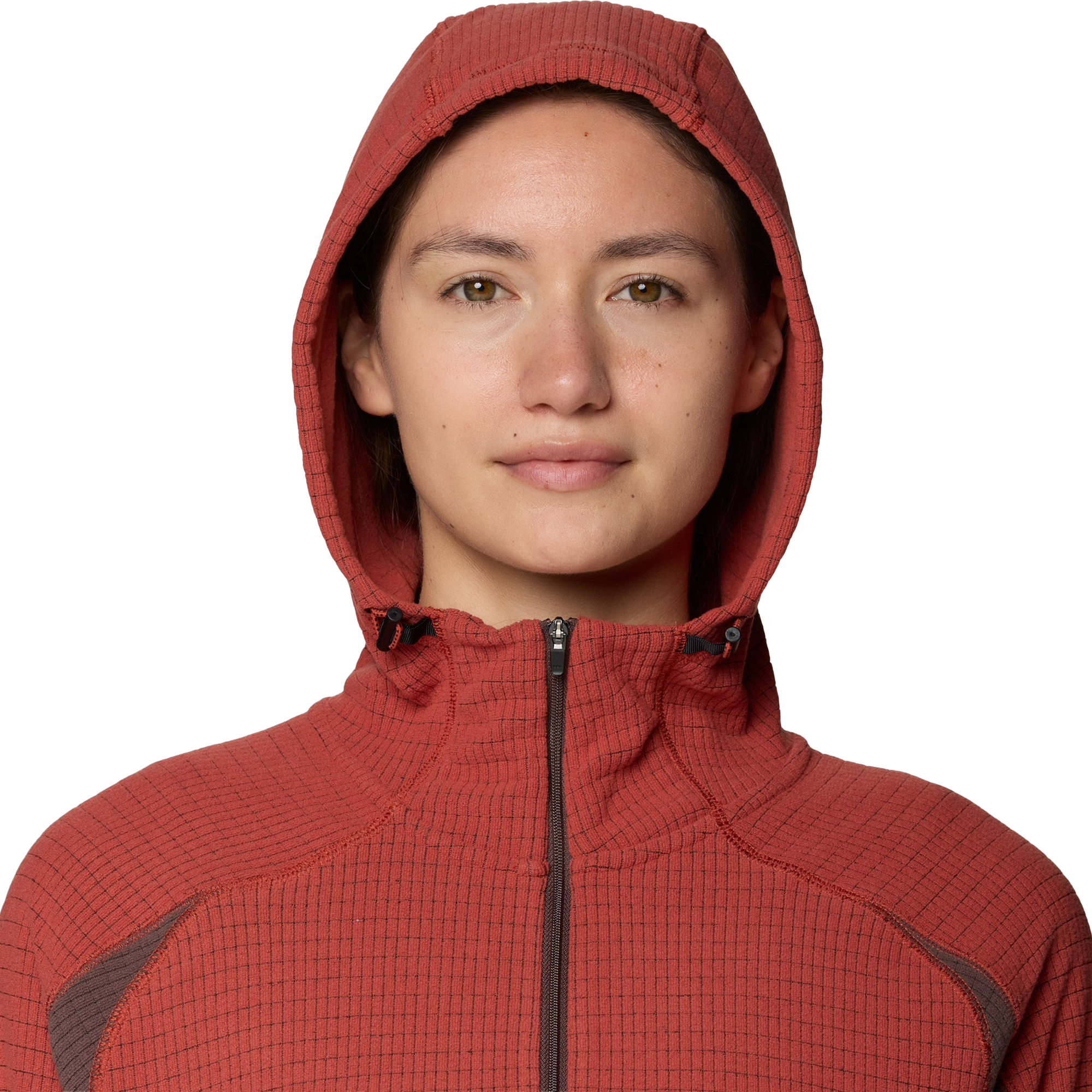 Mountain Hardwear Women's Summit Grid 1/2 Zip Hoody close view hood on