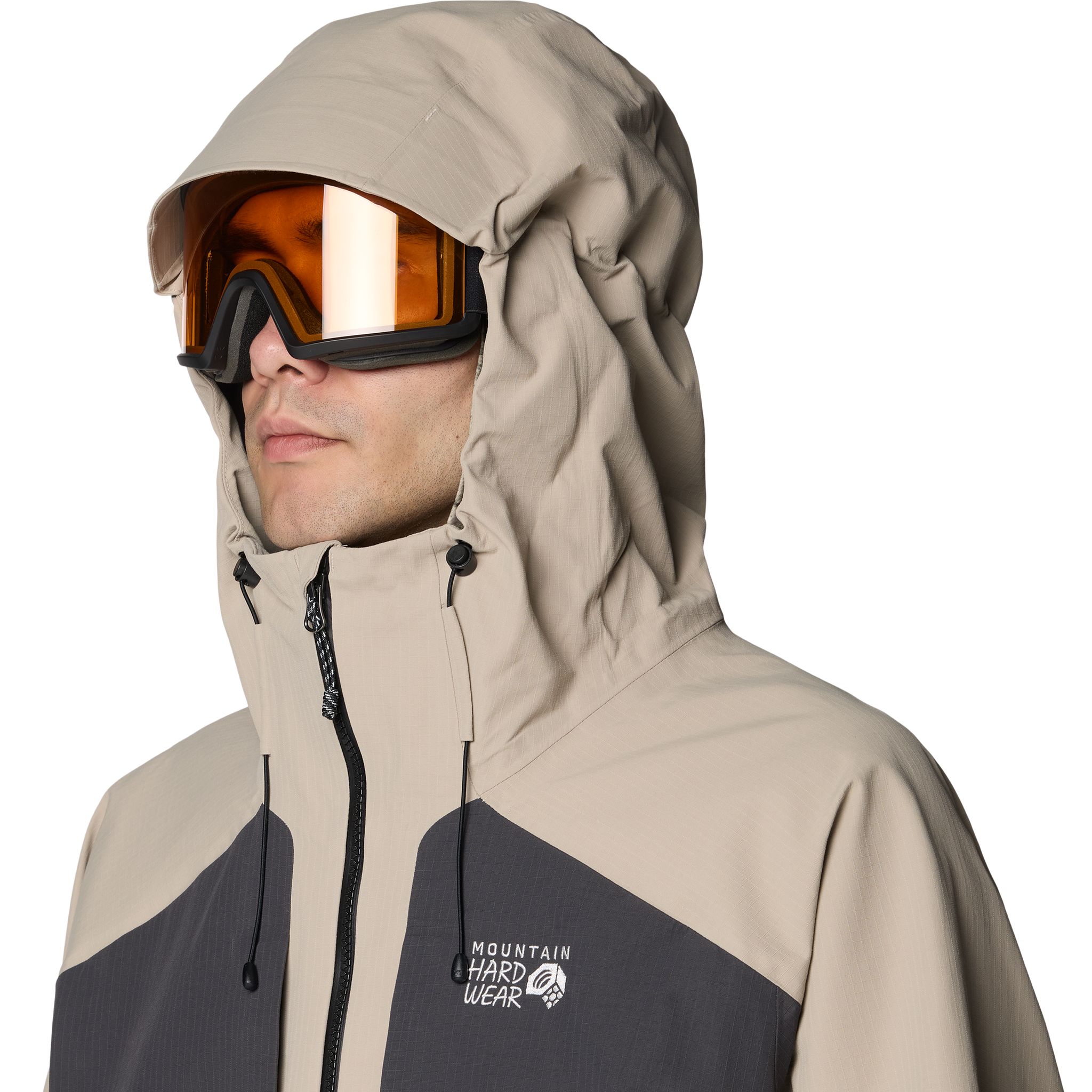 Mountain Hardwear Men's Warp Factor 3L Hooded Jacket 3/4 front hood on model