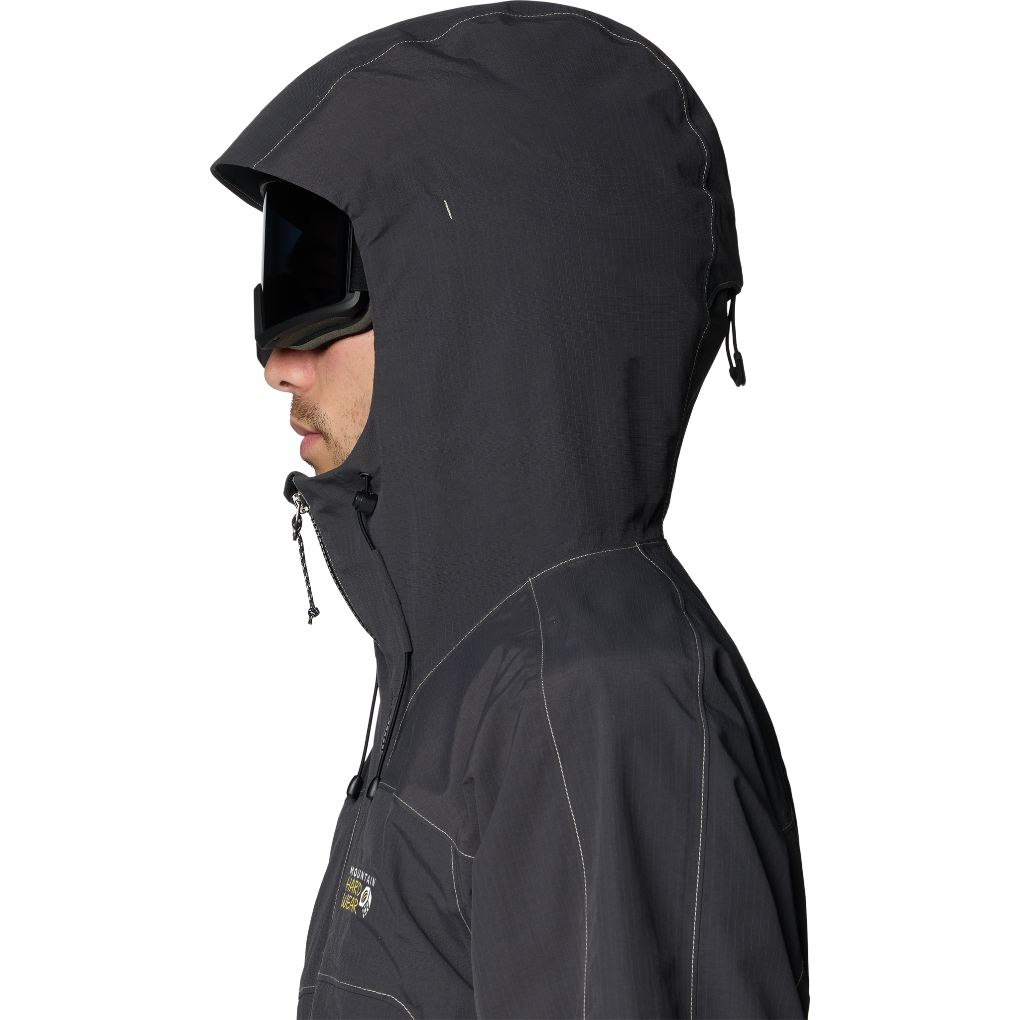 Mountain Hardwear Men's Warp Factor Anorak side hood on model