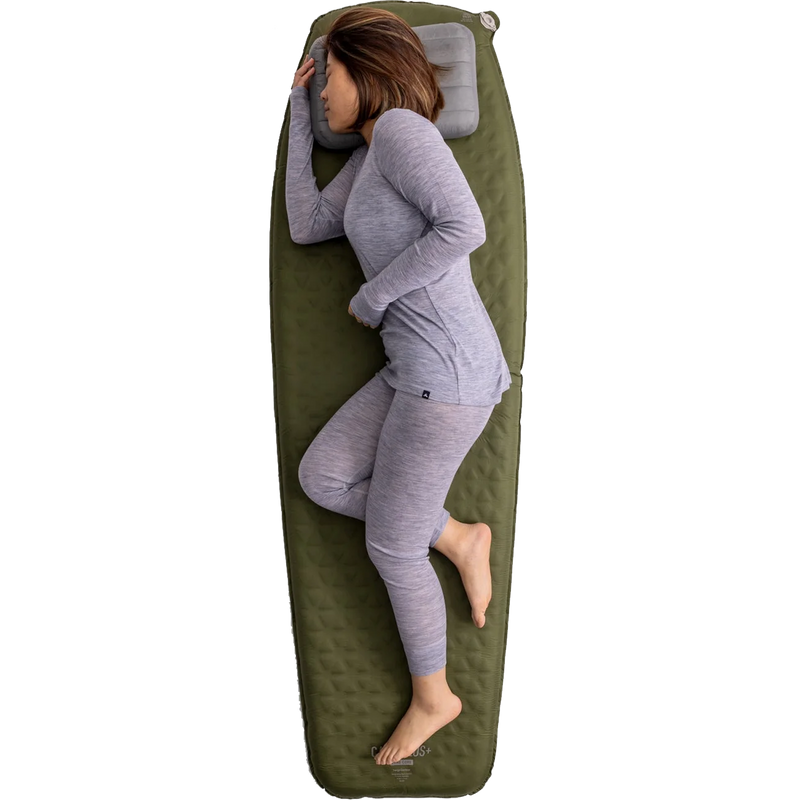 Camp Plus Self-Inflating Mat Large, Sea to Summit Camp Plus Self-Inflating Mat with camper on top