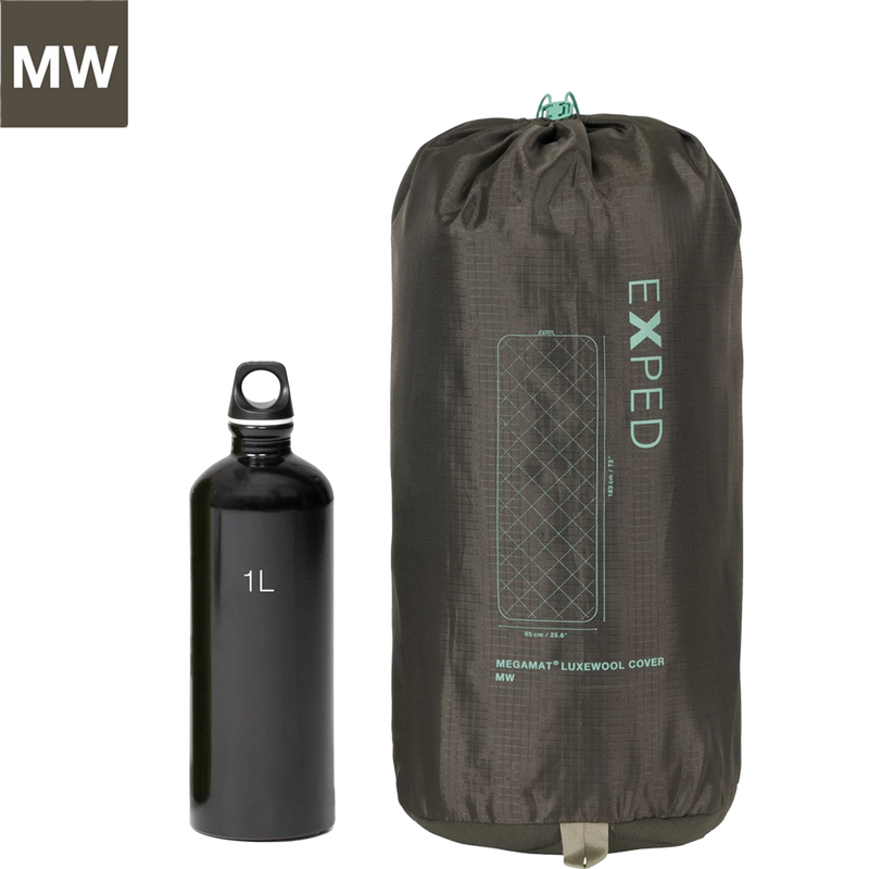 MegaMat LuxeWool Cover MW, Exped  MegaMat LuxeWool Cover MW in Moraine with sizeable comparison and bag cover