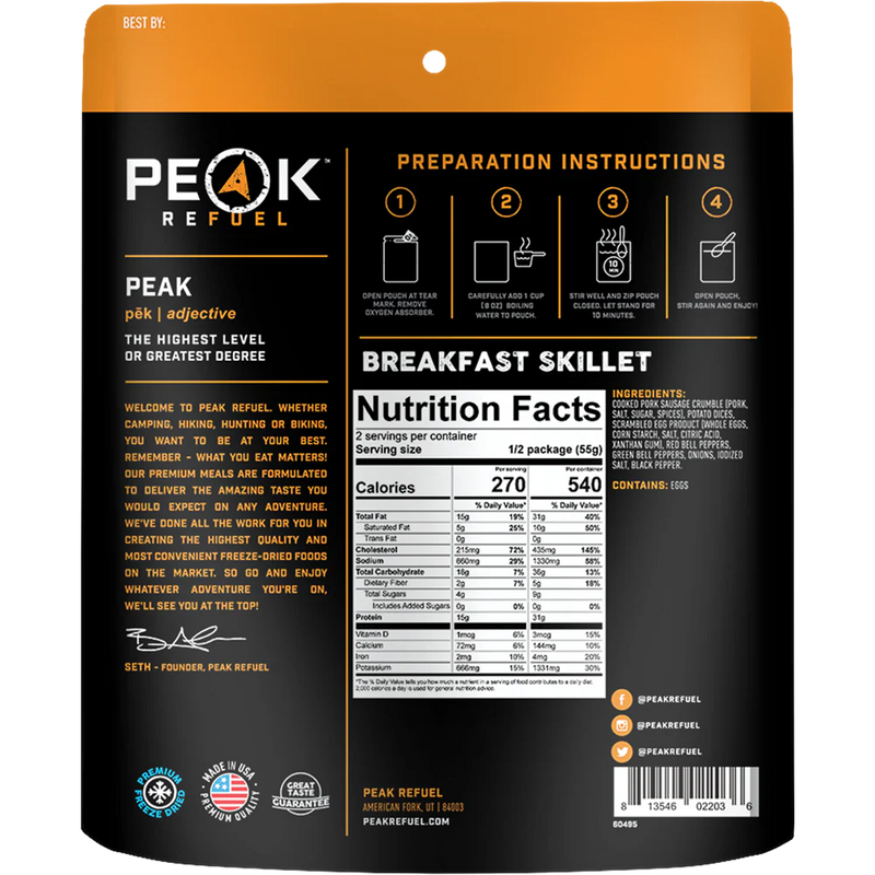 Breakfast Skillet (2 Servings), Peak Refuel Breakfast Skillet (2 Servings) back of package