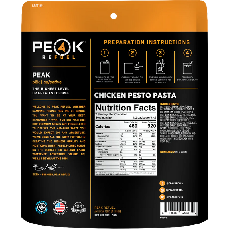 Chicken Pesto Pasta (2 Servings), Peak Refuel Chicken Pesto Pasta (2 Servings) back of package