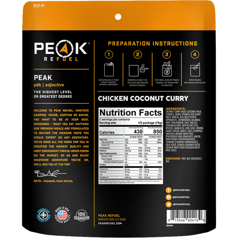Chicken Coconut Curry (2 Servings), Peak Refuel Chicken Coconut Curry (2 Servings) back of package