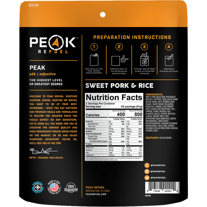 Sweet Pork & Rice (2 Servings), Peak Refuel Sweet Pork & Rice (2 Servings) back of package